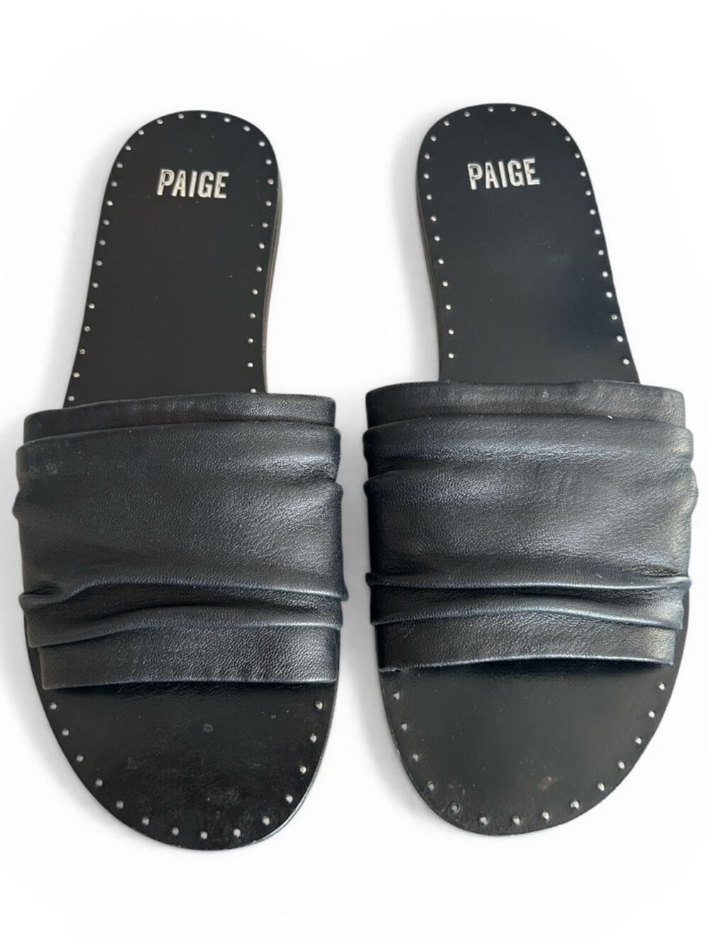 PAIGE Emilia Black Leather Slide Sandals with Ruched Strap Studded Detail Sz 10 - Picture 2 of 7